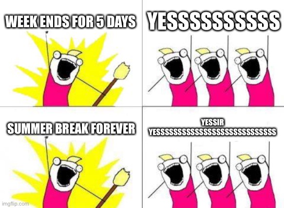 What Do We Want |  WEEK ENDS FOR 5 DAYS; YESSSSSSSSSS; SUMMER BREAK FOREVER; YESSIR YESSSSSSSSSSSSSSSSSSSSSSSSSSSS | image tagged in memes,what do we want | made w/ Imgflip meme maker