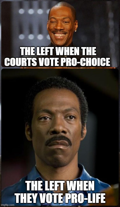 EDDIE MURPHY HAPPY MAD | THE LEFT WHEN THE COURTS VOTE PRO-CHOICE; THE LEFT WHEN THEY VOTE PRO-LIFE | image tagged in eddie murphy happy mad | made w/ Imgflip meme maker