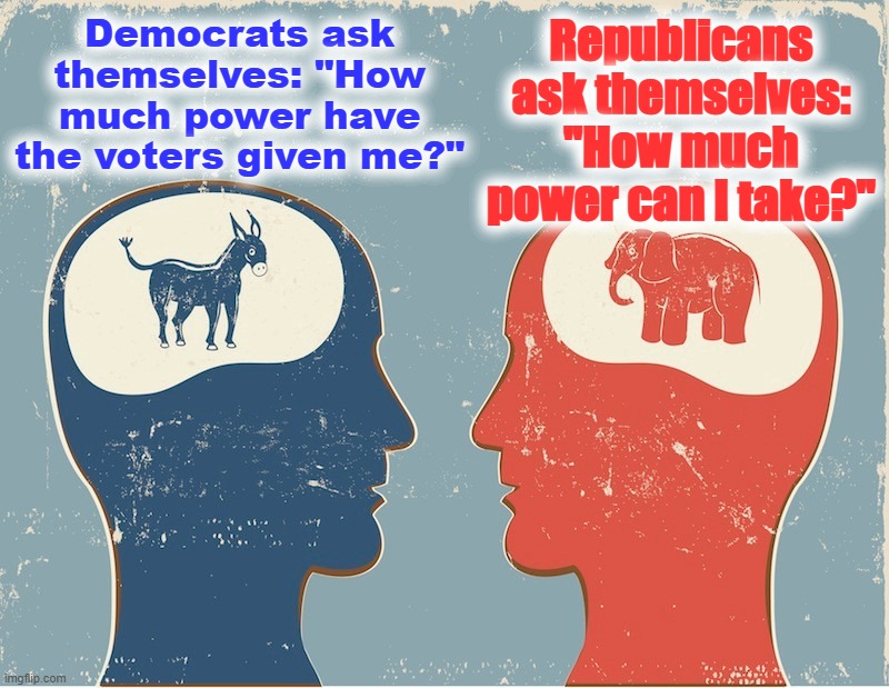 On issue after issue, Democrats are punching way below their weight. Step it up. | Democrats ask themselves: "How much power have the voters given me?"; Republicans ask themselves: "How much power can I take?" | image tagged in republicans vs democrats,democrats,republicans,gop,democracy,politics | made w/ Imgflip meme maker