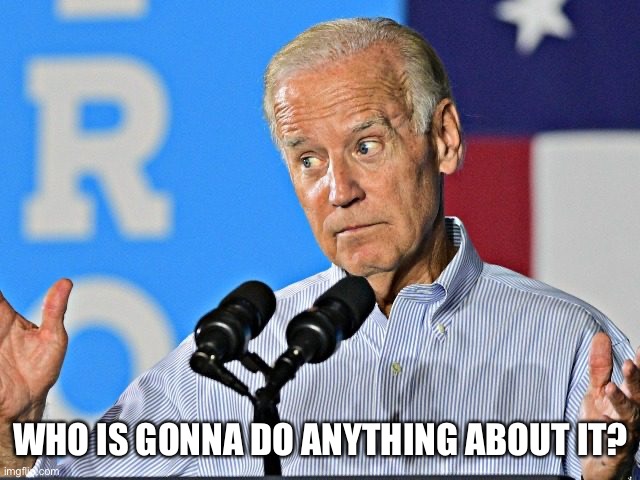 Joe Biden shrug | WHO IS GONNA DO ANYTHING ABOUT IT? | image tagged in joe biden shrug | made w/ Imgflip meme maker