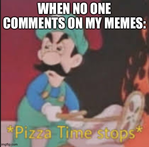 Comment on my memes plz | WHEN NO ONE COMMENTS ON MY MEMES: | image tagged in pizza time stops | made w/ Imgflip meme maker