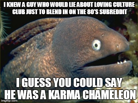 Bad Joke Eel | I KNEW A GUY WHO WOULD LIE ABOUT LOVING CULTURE CLUB JUST TO BLEND IN ON THE 80'S SUBREDDIT I GUESS YOU COULD SAY HE WAS A KARMA CHAMELEON | image tagged in memes,bad joke eel,AdviceAnimals | made w/ Imgflip meme maker