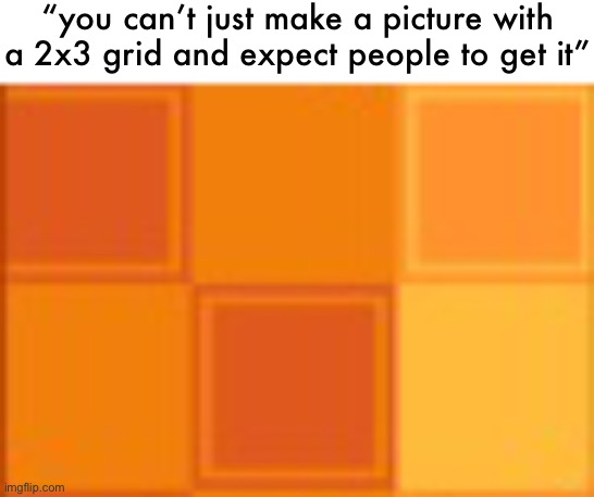 “you can’t just make a picture with a 2x3 grid and expect people to get it” | made w/ Imgflip meme maker