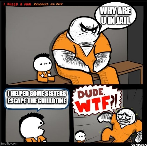 Srgrafo dude wtf | WHY ARE U IN JAIL; I HELPED SOME SISTERS ESCAPE THE GUILLOTINE | image tagged in srgrafo dude wtf,sister,wtf | made w/ Imgflip meme maker