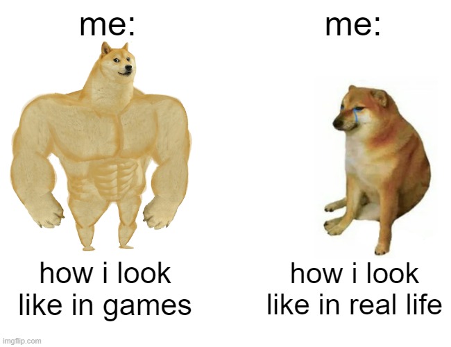 Buff Doge vs. Cheems Meme | me:; me:; how i look like in games; how i look like in real life | image tagged in memes,buff doge vs cheems | made w/ Imgflip meme maker