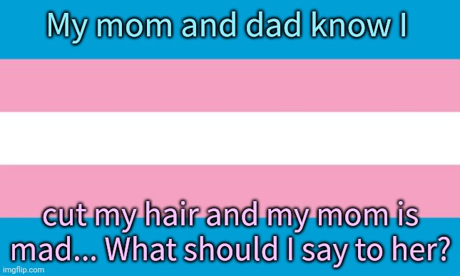 Transgender Flag | My mom and dad know I; cut my hair and my mom is mad... What should I say to her? | image tagged in transgender flag,help,crying | made w/ Imgflip meme maker
