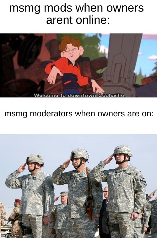 as a mod, you have to talk seriously to an owner or you risk losing mod perms... | msmg mods when owners 
arent online:; msmg moderators when owners are on: | image tagged in welcome to downtown coolsville,blank white template,soldiers salute | made w/ Imgflip meme maker