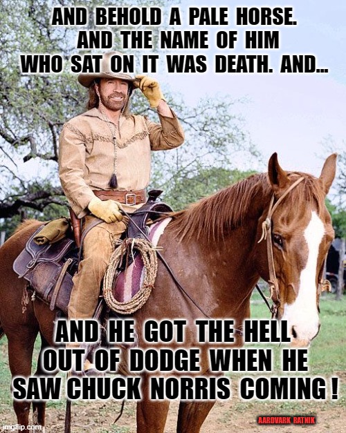 Run Pale Horse, run! | AND  BEHOLD  A  PALE  HORSE.   AND  THE  NAME  OF  HIM WHO  SAT  ON  IT  WAS  DEATH.  AND... AND  HE  GOT  THE  HELL  OUT  OF  DODGE  WHEN  HE  SAW CHUCK  NORRIS  COMING ! AARDVARK  RATNIK | image tagged in chuck norris,funny memes,cowboys,indian,country  western | made w/ Imgflip meme maker