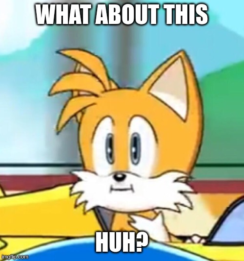 Tails hold up | WHAT ABOUT THIS HUH? | image tagged in tails hold up | made w/ Imgflip meme maker