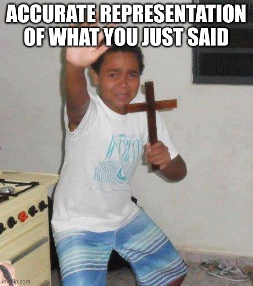 kid with cross | ACCURATE REPRESENTATION OF WHAT YOU JUST SAID | image tagged in kid with cross | made w/ Imgflip meme maker