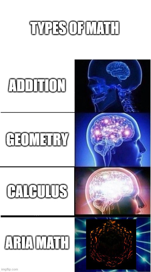 aria math 2013 | TYPES OF MATH; ADDITION; GEOMETRY; CALCULUS; ARIA MATH | image tagged in memes,expanding brain,minecraft,gifs,not really a gif | made w/ Imgflip meme maker