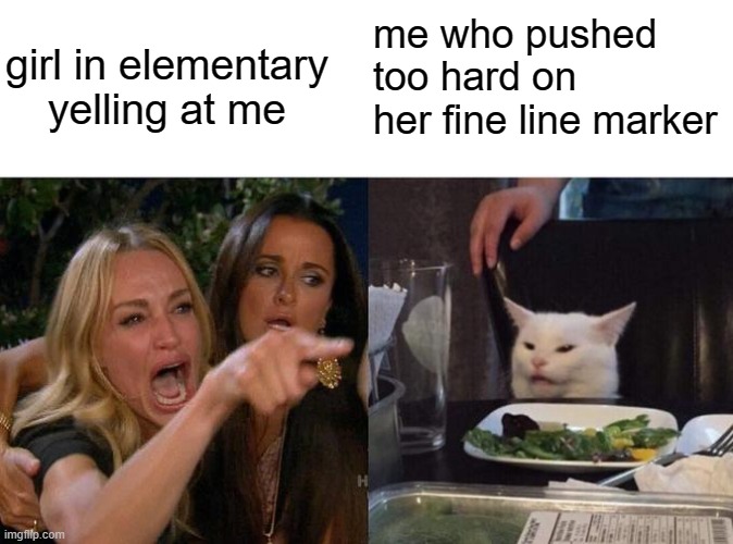 Woman Yelling At Cat Meme | girl in elementary yelling at me; me who pushed too hard on her fine line marker | image tagged in memes,woman yelling at cat,fun,funny | made w/ Imgflip meme maker