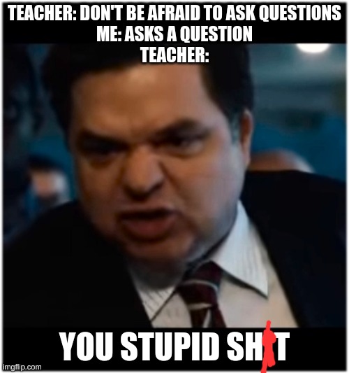 Image title | TEACHER: DON'T BE AFRAID TO ASK QUESTIONS
ME: ASKS A QUESTION
TEACHER:; YOU STUPID SHIT | image tagged in you stupid shit | made w/ Imgflip meme maker