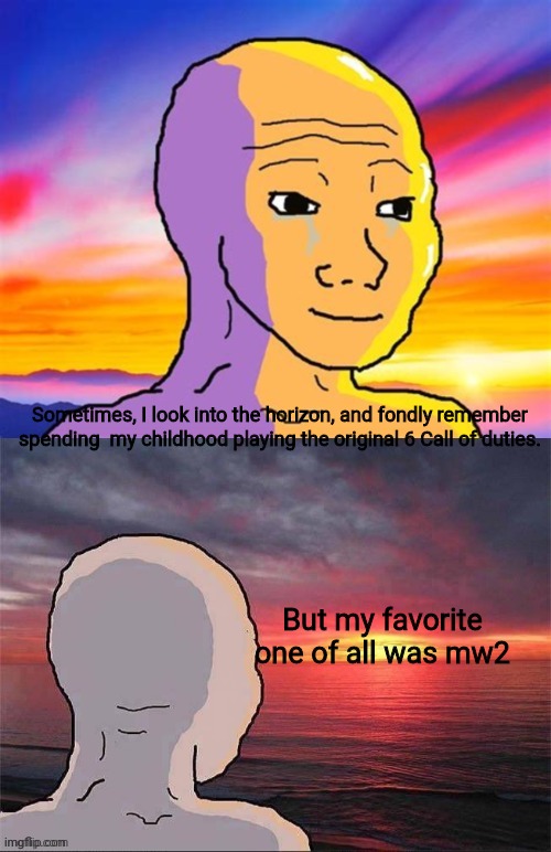 Sigh... | Sometimes, I look into the horizon, and fondly remember spending  my childhood playing the original 6 Call of duties. But my favorite one of all was mw2 | image tagged in wojak nostalgia | made w/ Imgflip meme maker