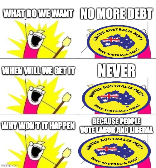 What Do We Want 3 | WHAT DO WE WANT; NO MORE DEBT; WHEN WILL WE GET IT; NEVER; WHY WON'T IT HAPPEN; BECAUSE PEOPLE VOTE LABOR AND LIBERAL | image tagged in what do we want 3,national debt,united australia party,clive palmer,liberal party,labor party | made w/ Imgflip meme maker