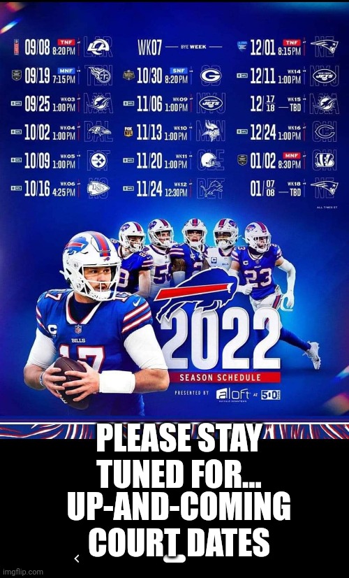 Go bills |  PLEASE STAY TUNED FOR... UP-AND-COMING COURT DATES | image tagged in buffalo bills,courtroom,hit and run,drugs,domestic abuse,superbowl | made w/ Imgflip meme maker