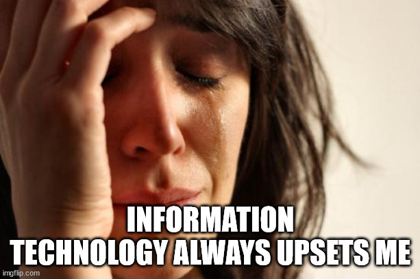 First World Problems Meme | INFORMATION TECHNOLOGY ALWAYS UPSETS ME | image tagged in memes,first world problems | made w/ Imgflip meme maker