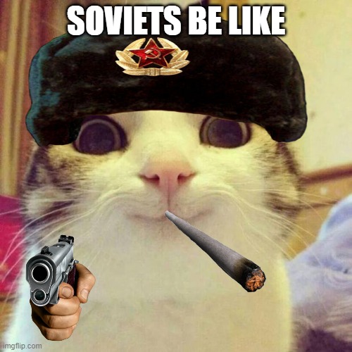 Soviet cat | SOVIETS BE LIKE | image tagged in memes,smiling cat | made w/ Imgflip meme maker