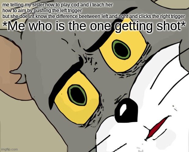 Unsettled Tom Meme | me telling my sister how to play cod and i teach her how to aim by pushing the left trigger
but she doesnt know the difference beetween left and right and clicks the right trigger; *Me who is the one getting shot* | image tagged in memes,unsettled tom | made w/ Imgflip meme maker