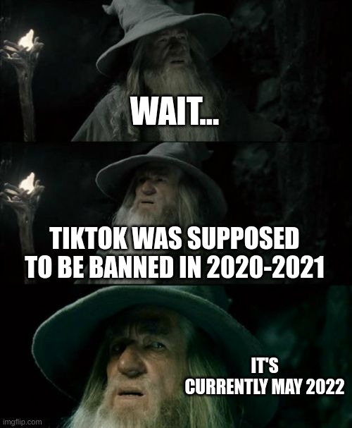 Confused Gandalf Meme | WAIT... TIKTOK WAS SUPPOSED TO BE BANNED IN 2020-2021; IT'S CURRENTLY MAY 2022 | image tagged in memes,confused gandalf | made w/ Imgflip meme maker