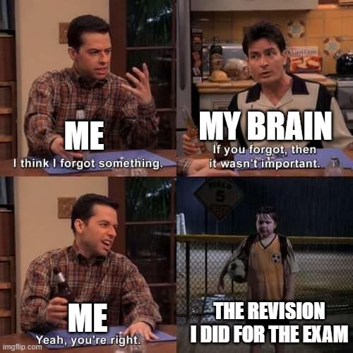 I think I forgot something | MY BRAIN; ME; THE REVISION I DID FOR THE EXAM; ME | image tagged in i think i forgot something | made w/ Imgflip meme maker