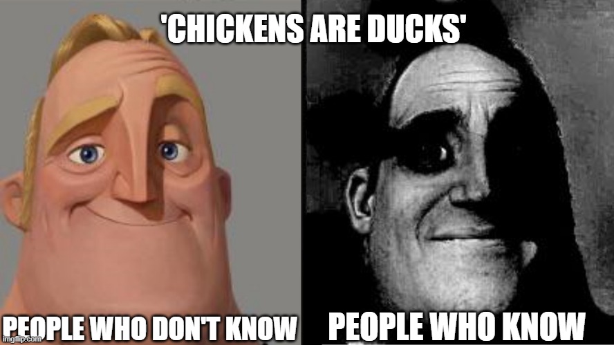 Traumatized Mr. Incredible | 'CHICKENS ARE DUCKS'; PEOPLE WHO DON'T KNOW; PEOPLE WHO KNOW | image tagged in traumatized mr incredible | made w/ Imgflip meme maker