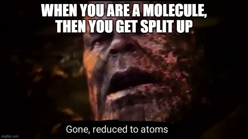 Thanos gone, reduced to atoms | WHEN YOU ARE A MOLECULE, THEN YOU GET SPLIT UP | image tagged in thanos gone reduced to atoms | made w/ Imgflip meme maker