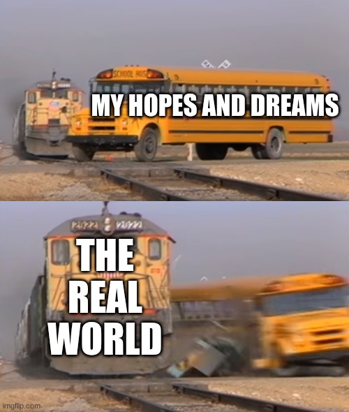 A train hitting a school bus | MY HOPES AND DREAMS; THE REAL WORLD | image tagged in a train hitting a school bus | made w/ Imgflip meme maker