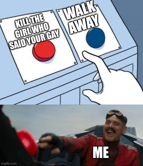 Robotnik button | WALK AWAY; KILL THE GIRL WHO SAID YOUR GAY; ME | image tagged in robotnik button | made w/ Imgflip meme maker