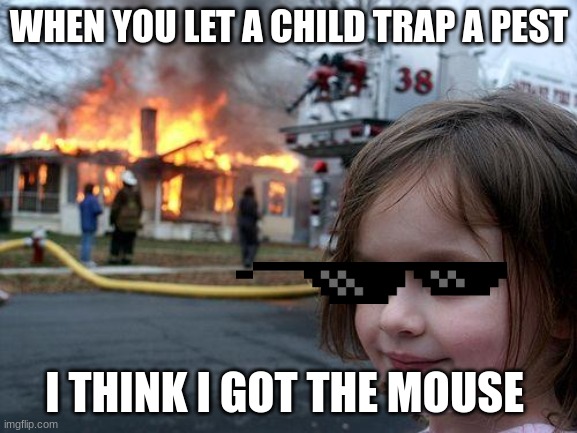 Disaster Girl Meme | WHEN YOU LET A CHILD TRAP A PEST; I THINK I GOT THE MOUSE | image tagged in memes,disaster girl | made w/ Imgflip meme maker