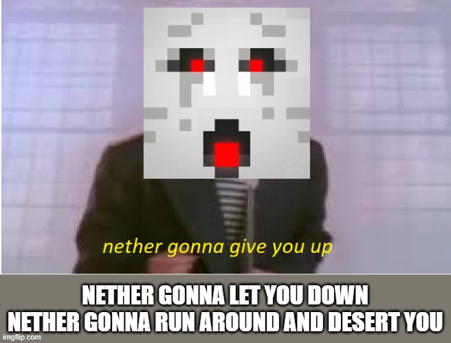 Nether Gonna Give You Up | NETHER GONNA LET YOU DOWN NETHER GONNA RUN AROUND AND DESERT YOU | image tagged in nether gonna give you up | made w/ Imgflip meme maker