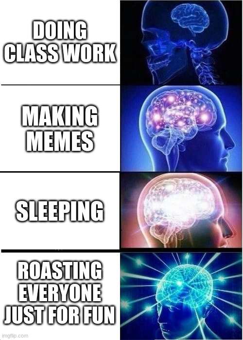 My Class | DOING CLASS WORK; MAKING MEMES; SLEEPING; ROASTING EVERYONE JUST FOR FUN | image tagged in memes,expanding brain | made w/ Imgflip meme maker