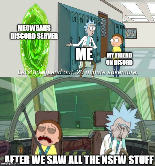 aw cmon FBI do ur job | MEOWBAHS DISCORD SERVER; ME; MY FRIEND ON DISORD; AFTER WE SAW ALL THE NSFW STUFF | image tagged in 20 minute adventure rick morty | made w/ Imgflip meme maker
