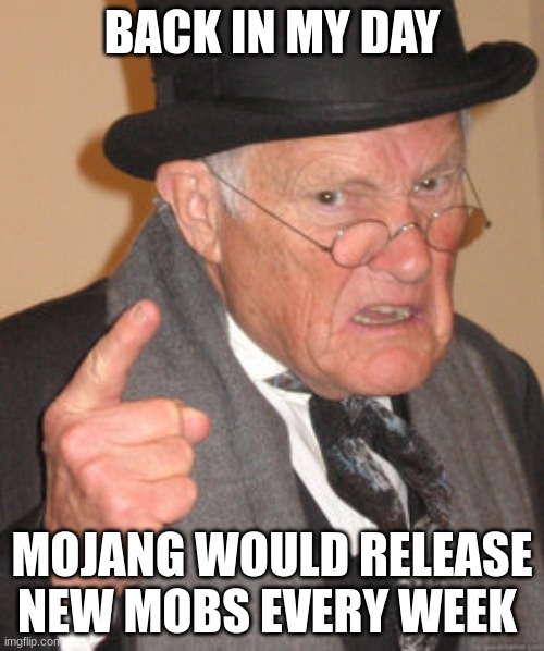 Back In My Day | BACK IN MY DAY; MOJANG WOULD RELEASE NEW MOBS EVERY WEEK | image tagged in memes,back in my day,minecraft | made w/ Imgflip meme maker