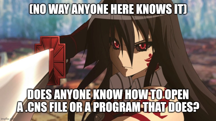 Having trouble | (NO WAY ANYONE HERE KNOWS IT); DOES ANYONE KNOW HOW TO OPEN A .CNS FILE OR A PROGRAM THAT DOES? | image tagged in e | made w/ Imgflip meme maker