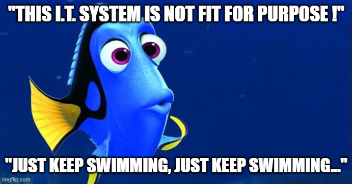 I.T. System Not Fit For Purpose | "THIS I.T. SYSTEM IS NOT FIT FOR PURPOSE !"; "JUST KEEP SWIMMING, JUST KEEP SWIMMING..." | image tagged in finding dory,system,fail,it,computer | made w/ Imgflip meme maker