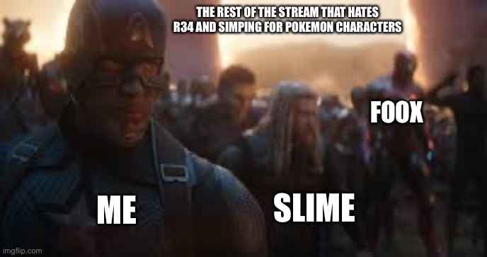 Avengers Assemble | ME FOOX SLIME THE REST OF THE STREAM THAT HATES R34 AND SIMPING FOR POKEMON CHARACTERS | image tagged in avengers assemble | made w/ Imgflip meme maker