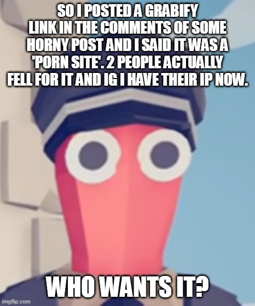 TABS Stare | SO I POSTED A GRABIFY LINK IN THE COMMENTS OF SOME HORNY POST AND I SAID IT WAS A 'PORN SITE'. 2 PEOPLE ACTUALLY FELL FOR IT AND IG I HAVE THEIR IP NOW. WHO WANTS IT? | image tagged in tabs stare | made w/ Imgflip meme maker