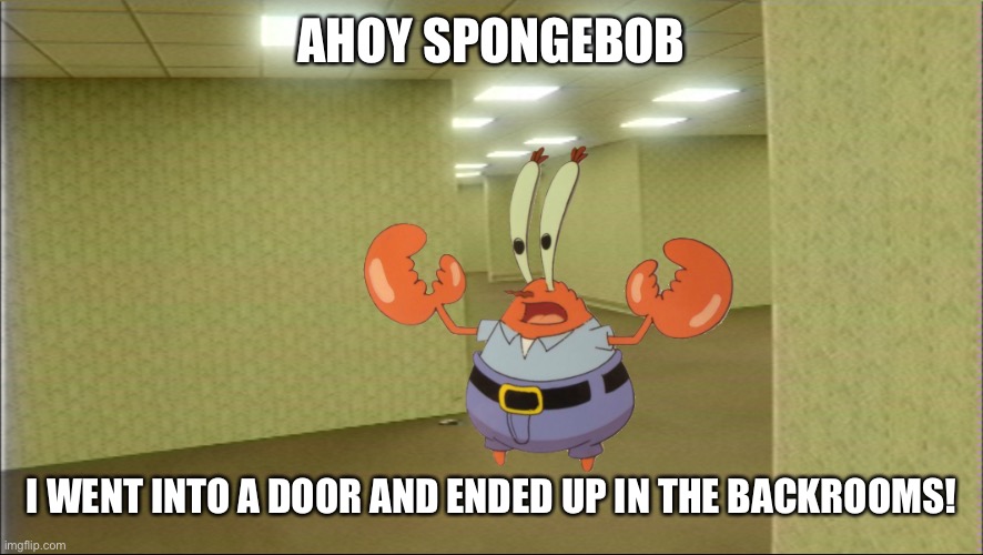 Help me boyo! | AHOY SPONGEBOB; I WENT INTO A DOOR AND ENDED UP IN THE BACKROOMS! | image tagged in ahoy spongebob,mr krabs,the backrooms,memes | made w/ Imgflip meme maker