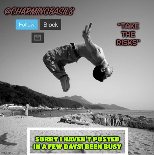 Will start posting often soon |  SORRY I HAVEN’T POSTED IN A FEW DAYS! BEEN BUSY | image tagged in charmingbasil8 take risks template,announcement | made w/ Imgflip meme maker