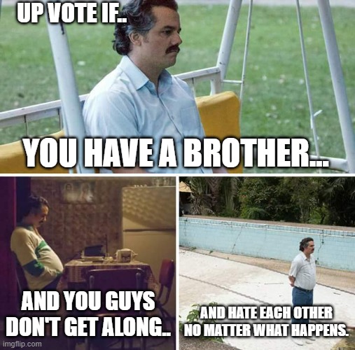 its true for me, I need help. | UP VOTE IF.. YOU HAVE A BROTHER... AND YOU GUYS DON'T GET ALONG.. AND HATE EACH OTHER NO MATTER WHAT HAPPENS. | image tagged in memes,sad pablo escobar | made w/ Imgflip meme maker