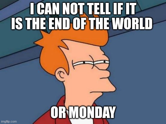 Futurama Fry |  I CAN NOT TELL IF IT IS THE END OF THE WORLD; OR MONDAY | image tagged in memes,futurama fry | made w/ Imgflip meme maker