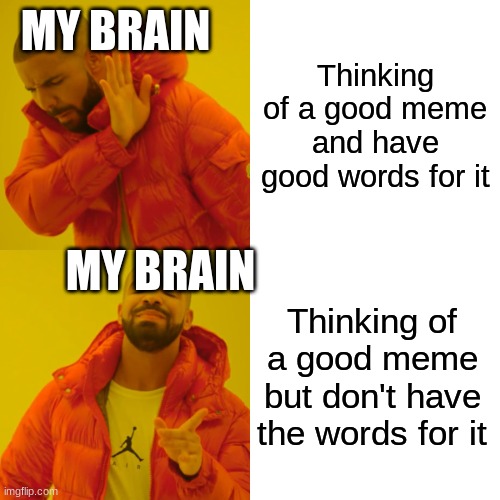 I wanted to make a good meme, but I'm too stupid for it ;( | MY BRAIN; Thinking of a good meme and have good words for it; MY BRAIN; Thinking of a good meme but don't have the words for it | image tagged in memes,drake hotline bling | made w/ Imgflip meme maker