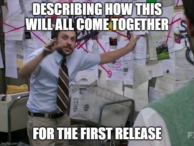 Software Release Plans | DESCRIBING HOW THIS WILL ALL COME TOGETHER; FOR THE FIRST RELEASE | image tagged in charlie conspiracy always sunny in philidelphia | made w/ Imgflip meme maker