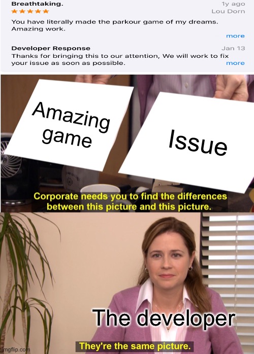 Amazing Work | Amazing game; Issue; The developer | image tagged in memes,they're the same picture | made w/ Imgflip meme maker