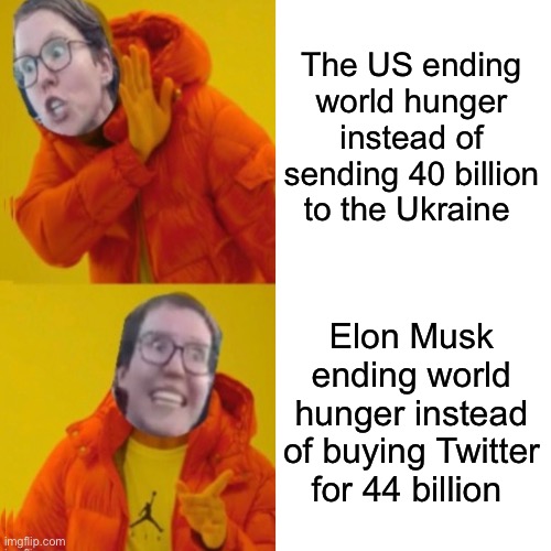 All we needed was 4 more billion and hunger would have ended. | The US ending world hunger instead of sending 40 billion to the Ukraine; Elon Musk ending world hunger instead of buying Twitter for 44 billion | image tagged in memes,drake hotline bling,politics lol | made w/ Imgflip meme maker