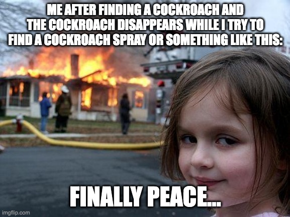 True... | ME AFTER FINDING A COCKROACH AND THE COCKROACH DISAPPEARS WHILE I TRY TO FIND A COCKROACH SPRAY OR SOMETHING LIKE THIS:; FINALLY PEACE... | image tagged in memes,disaster girl | made w/ Imgflip meme maker