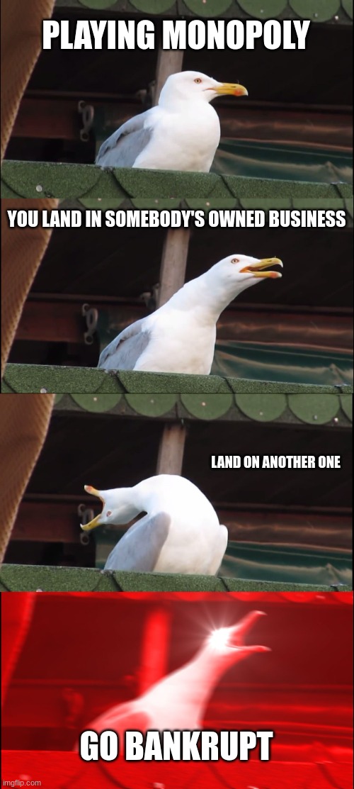 Inhaling Seagull | PLAYING MONOPOLY; YOU LAND IN SOMEBODY'S OWNED BUSINESS; LAND ON ANOTHER ONE; GO BANKRUPT | image tagged in memes,inhaling seagull | made w/ Imgflip meme maker