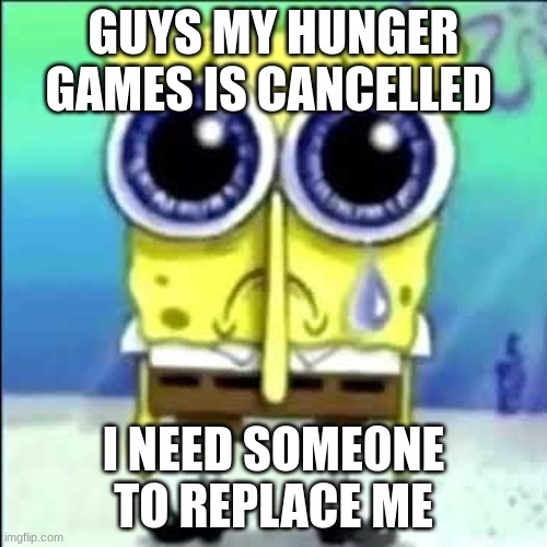 foxy plz | GUYS MY HUNGER GAMES IS CANCELLED; I NEED SOME0NE TO REPLACE ME | image tagged in sad spongebob | made w/ Imgflip meme maker
