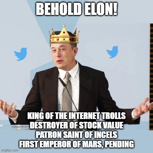 Elon Musk | BEHOLD ELON! KING OF THE INTERNET TROLLS
DESTROYER OF STOCK VALUE
PATRON SAINT OF INCELS
FIRST EMPEROR OF MARS, PENDING | image tagged in elon musk | made w/ Imgflip meme maker